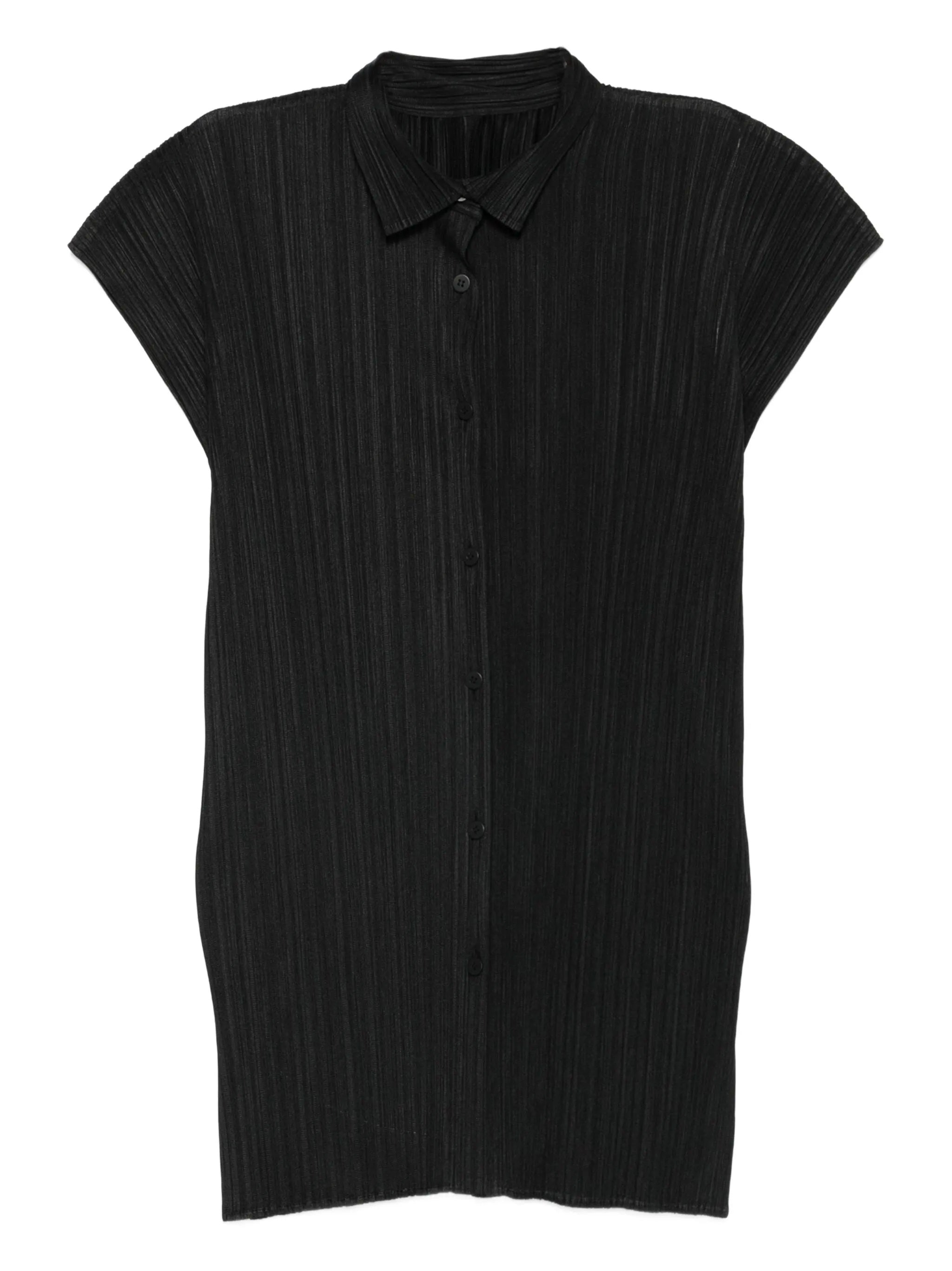 Black pleated shirt with short sleeves on a white background