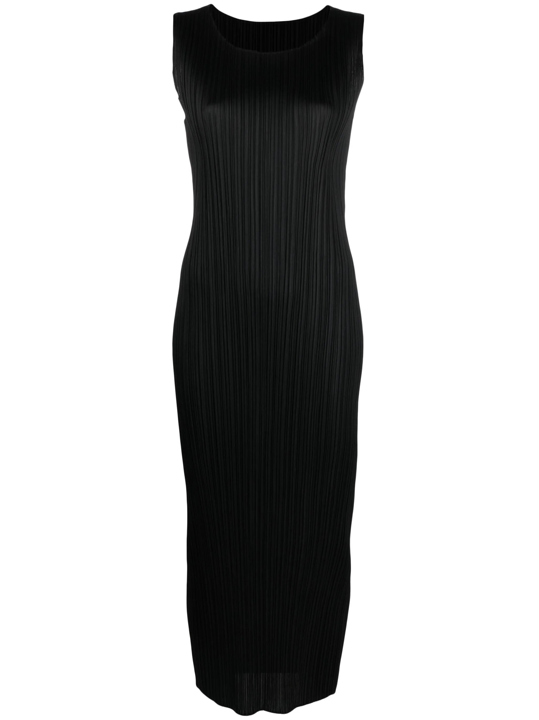 Black pleated sleeveless dress from Pleats Please Issey Miyake on a white background
