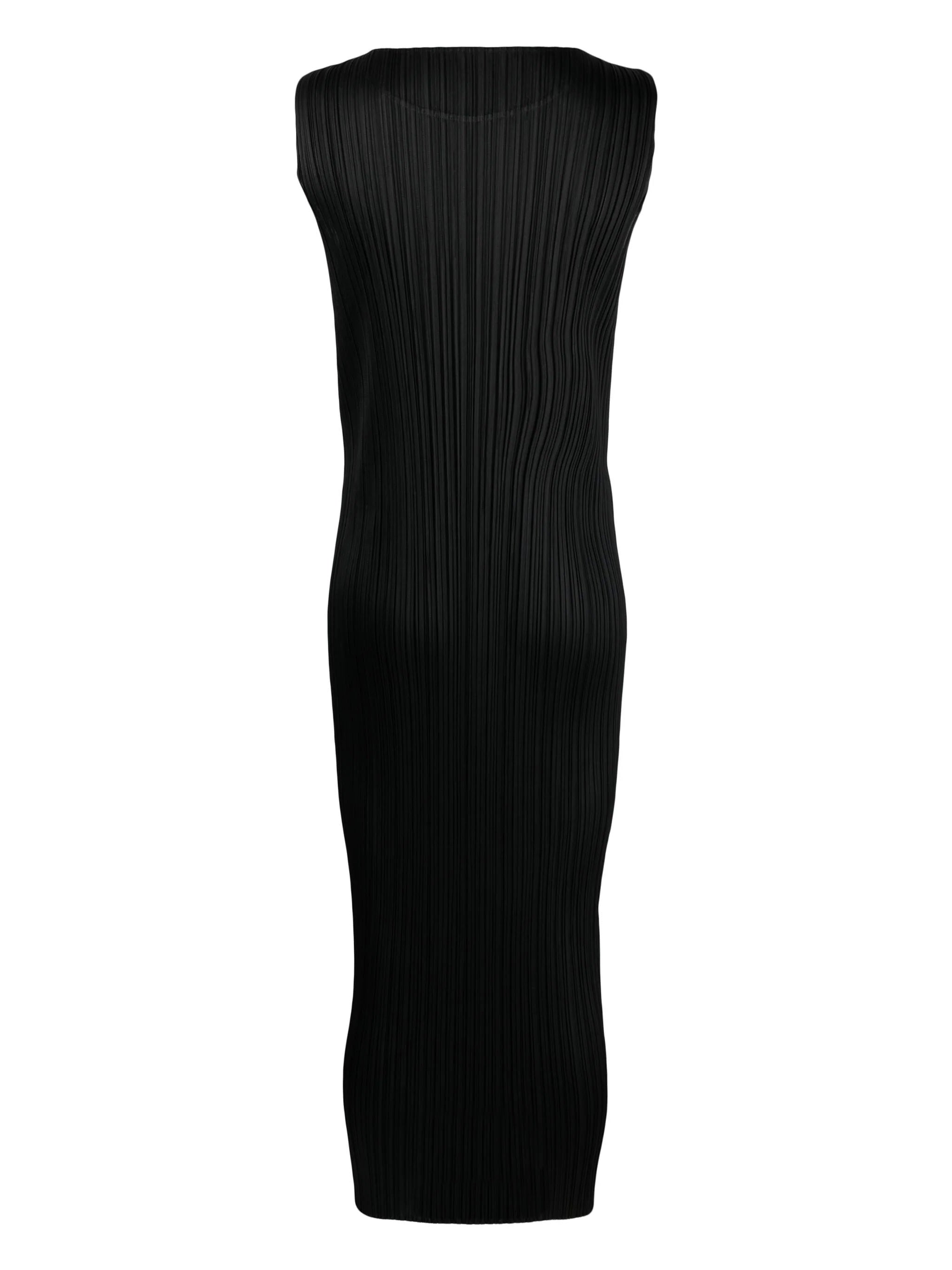 Black pleated sleeveless dress from Pleats Please Issey Miyake on a white background