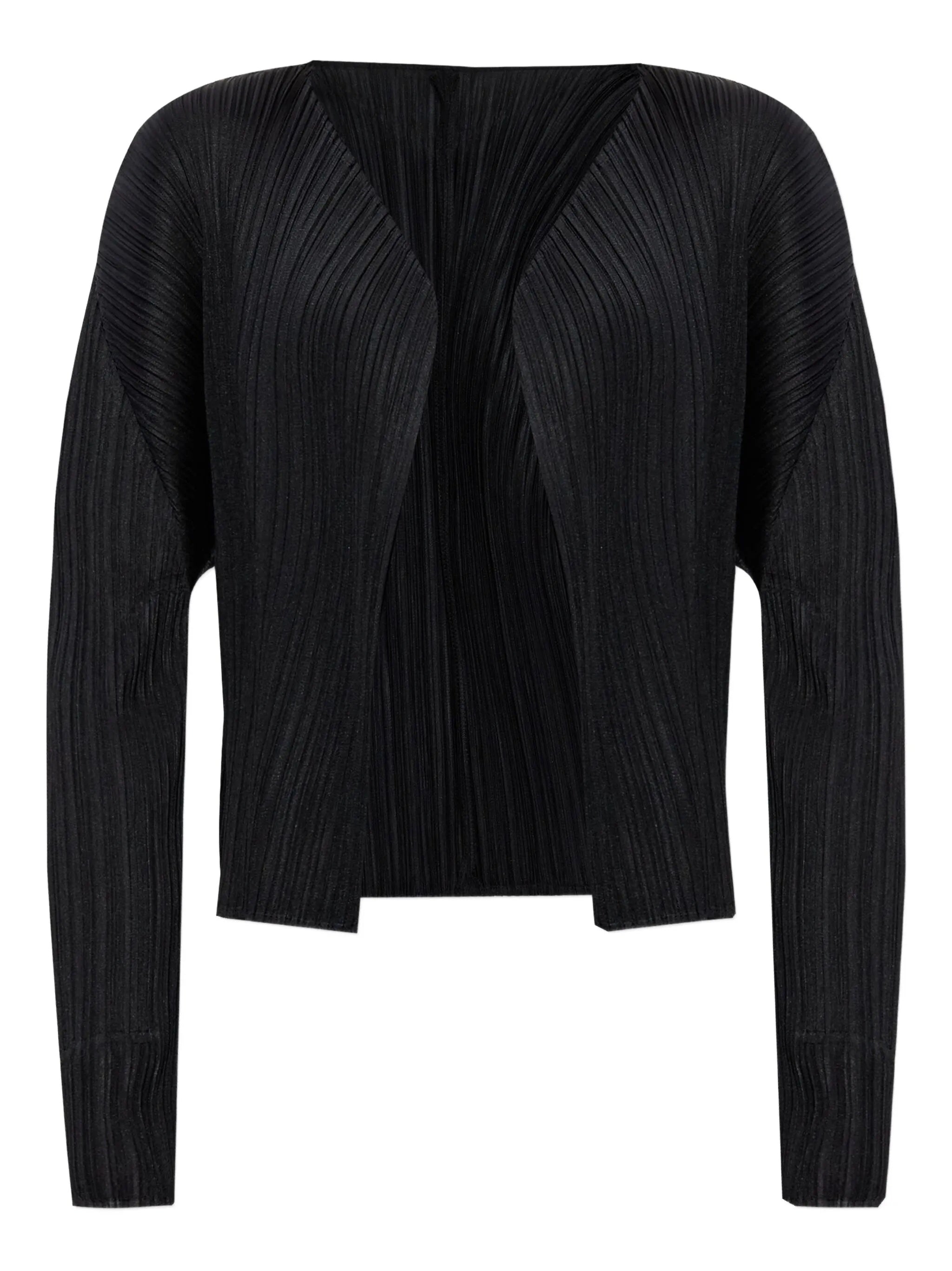 Black pleated cardigan from Pleats Please Issey Miyake on a white background