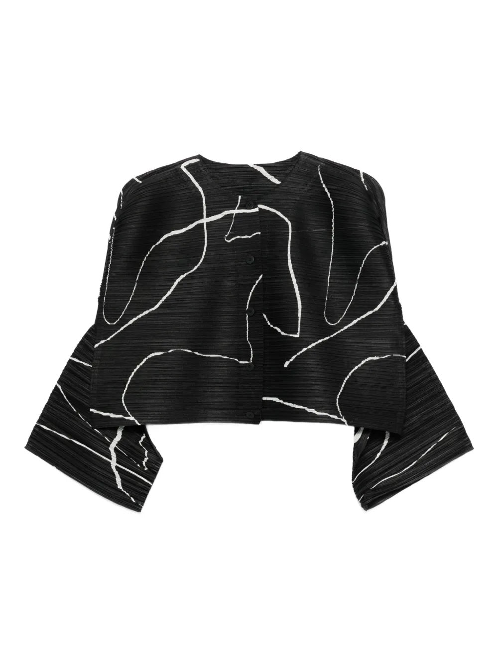 Black pleated cardigan with white abstract patterns on a white background