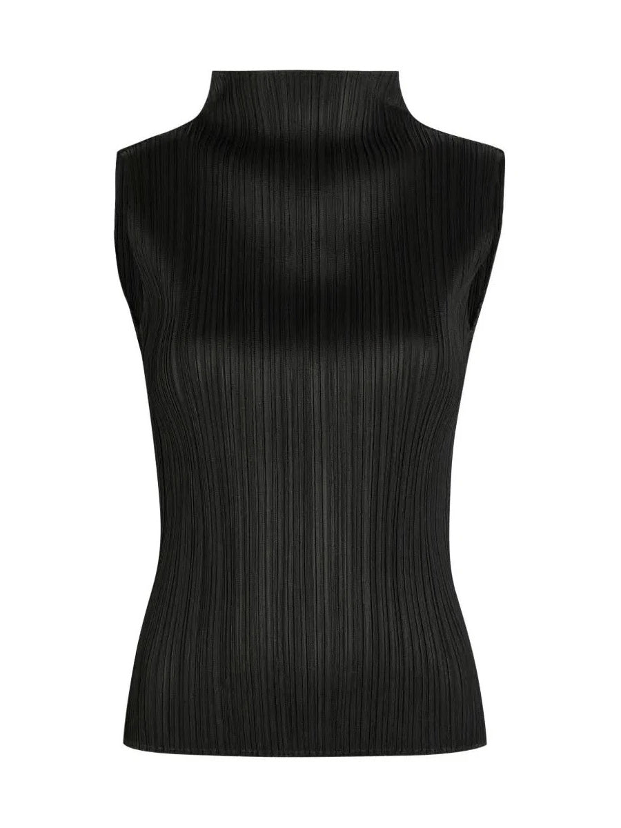 May SS26 Basic Mock Neck Sleeveless Shirt in Black, pleated texture with mock neck and fitted silhouette, front view, Issey Miyake Pleats Please