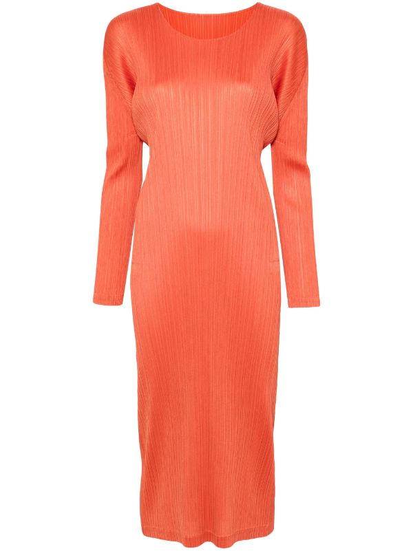 Issey Miyake Pleats Please | AW23 Long Sleeve Dress in Orange Red