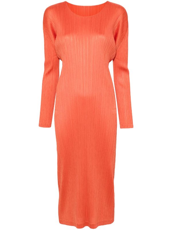 Issey Miyake Pleats Please | AW23 Long Sleeve Dress in Orange Red