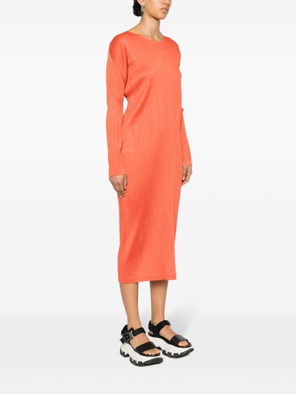 Issey Miyake Pleats Please | AW23 Long Sleeve Dress in Orange Red