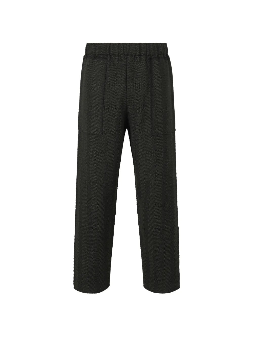 February SS26 Inlaid Knit Pants in Black black herringbone knit straight-leg pants with elasticated waistband and front patch pockets – Issey Miyake Homme Plissé