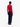 Person wearing a red sweater and blue pants on a white background
