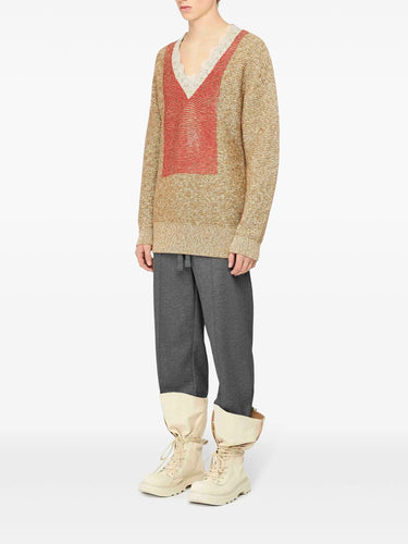 Lace Trim V Neck Jumper in Cobblestone/Red from J.W. Anderson