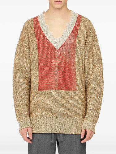 Lace Trim V Neck Jumper in Cobblestone/Red from J.W. Anderson