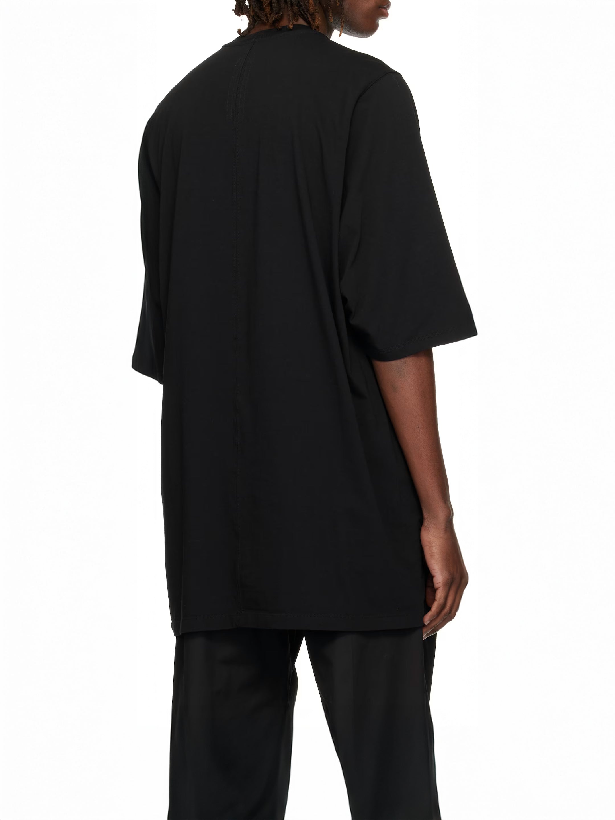 Rick Owens DRKSHDW Temple Jumbo SS T-Shirt in Black, oversized fit shown from the back with central seam detail.
