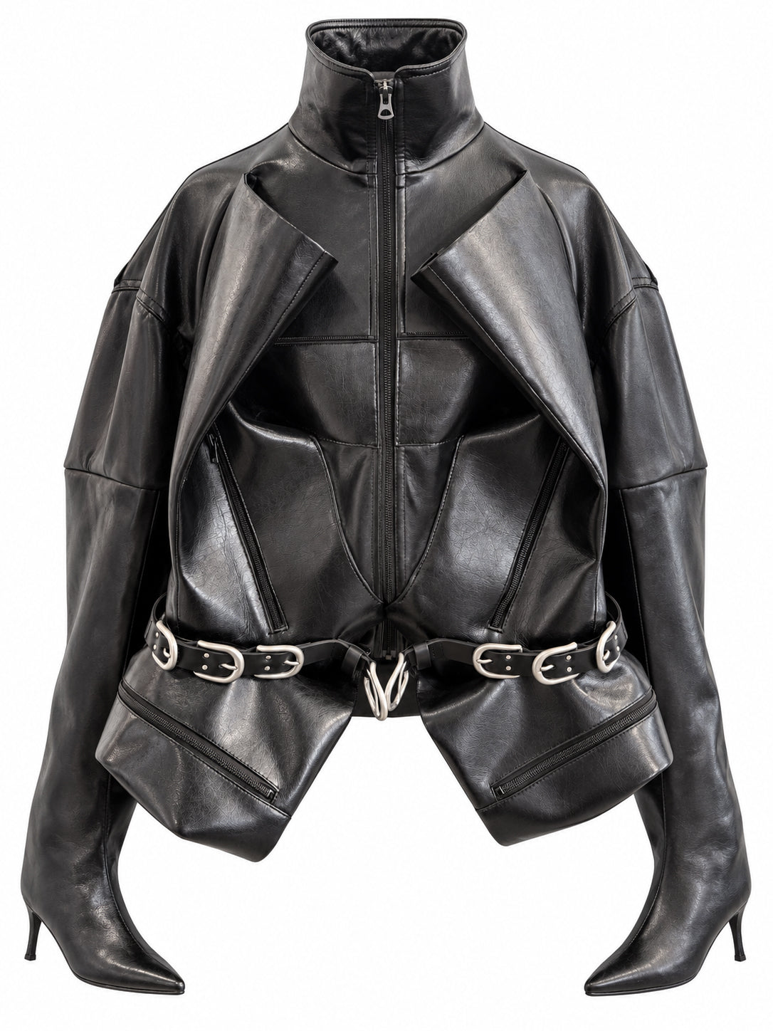Junya Watanabe Belted Jacket in Black, front product view showing the high collar, sculptural angular panels, zip pockets, buckle belt and extended sleeves.