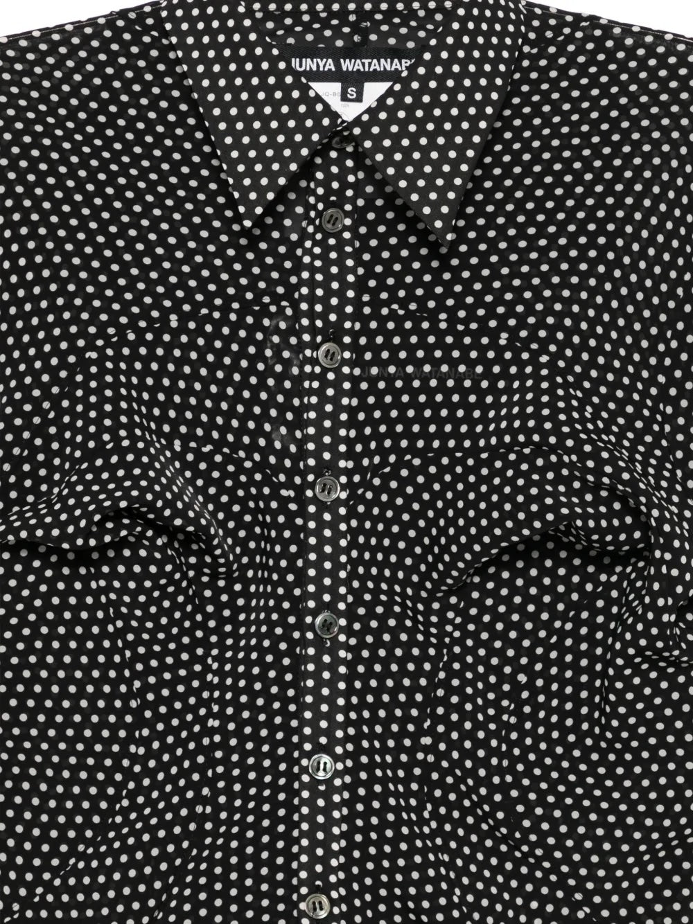 Junya Watanabe Women's Button-Up Blouse in black and white polka dot, close-up of collar, button-front placket and polka dot print detail