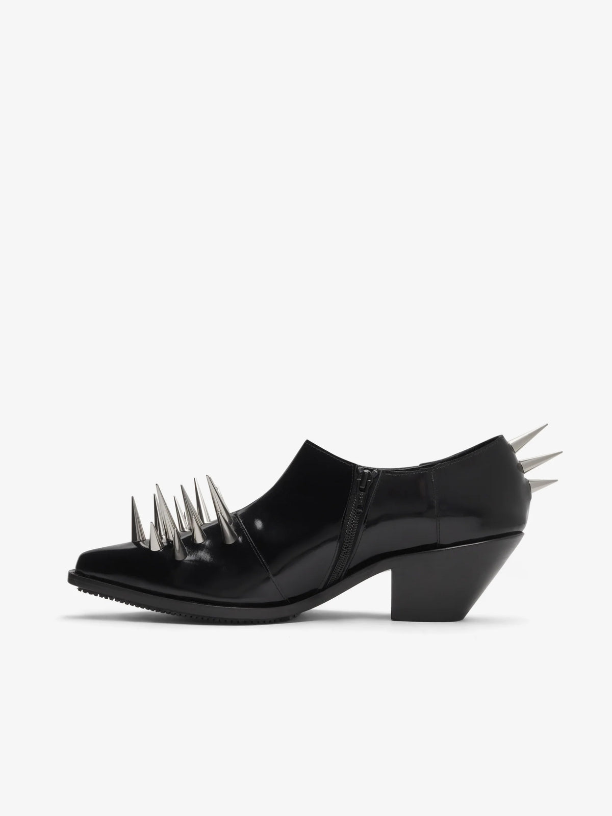 unya Watanabe Women's Spiked Leather Shoes in Black, outer side view showing the polished patent leather and sculptural spiked upper.