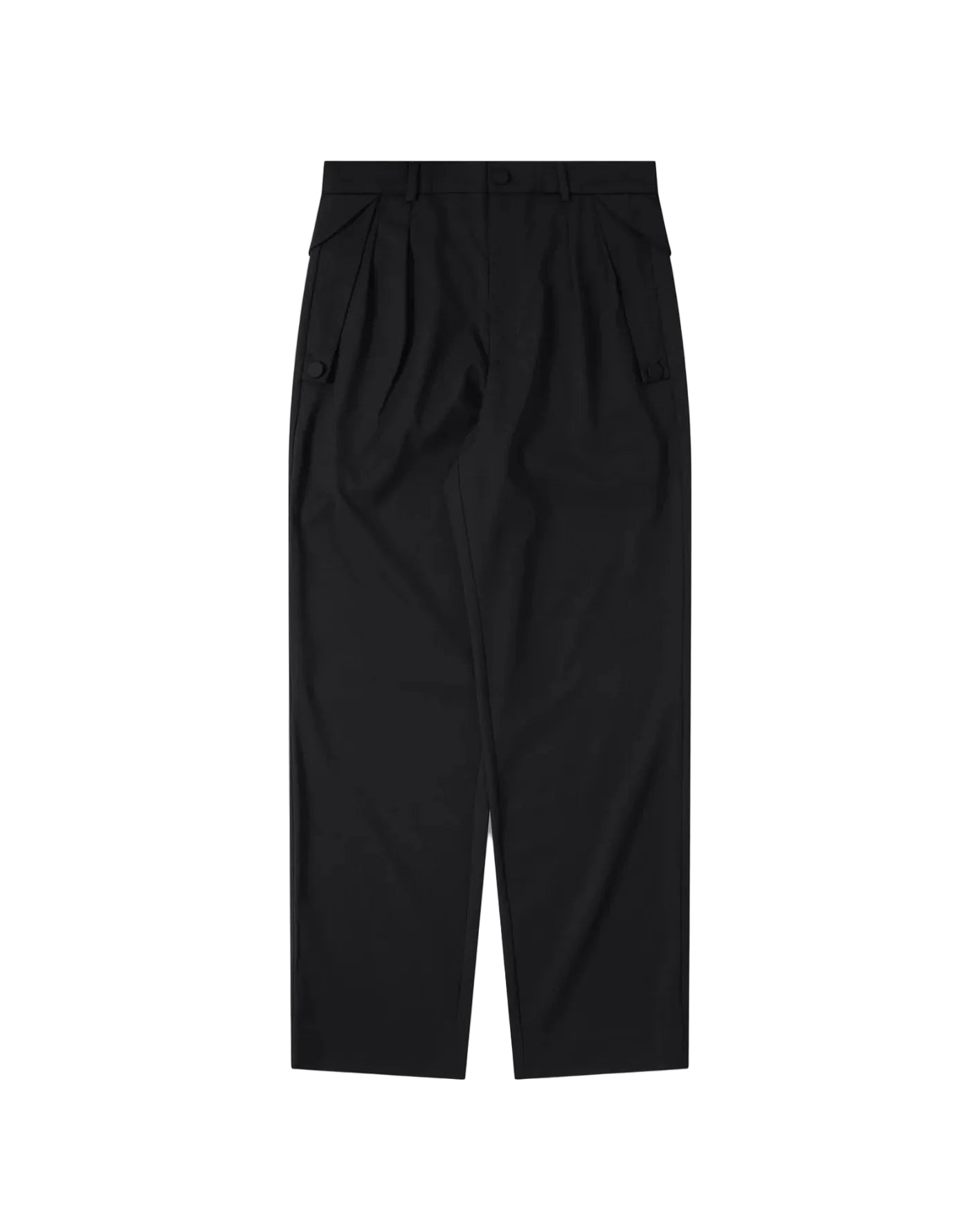 Kiko Kostadinov black pleated trousers with front pleats, button detailing, button and fly fastening and regular straight-leg fit