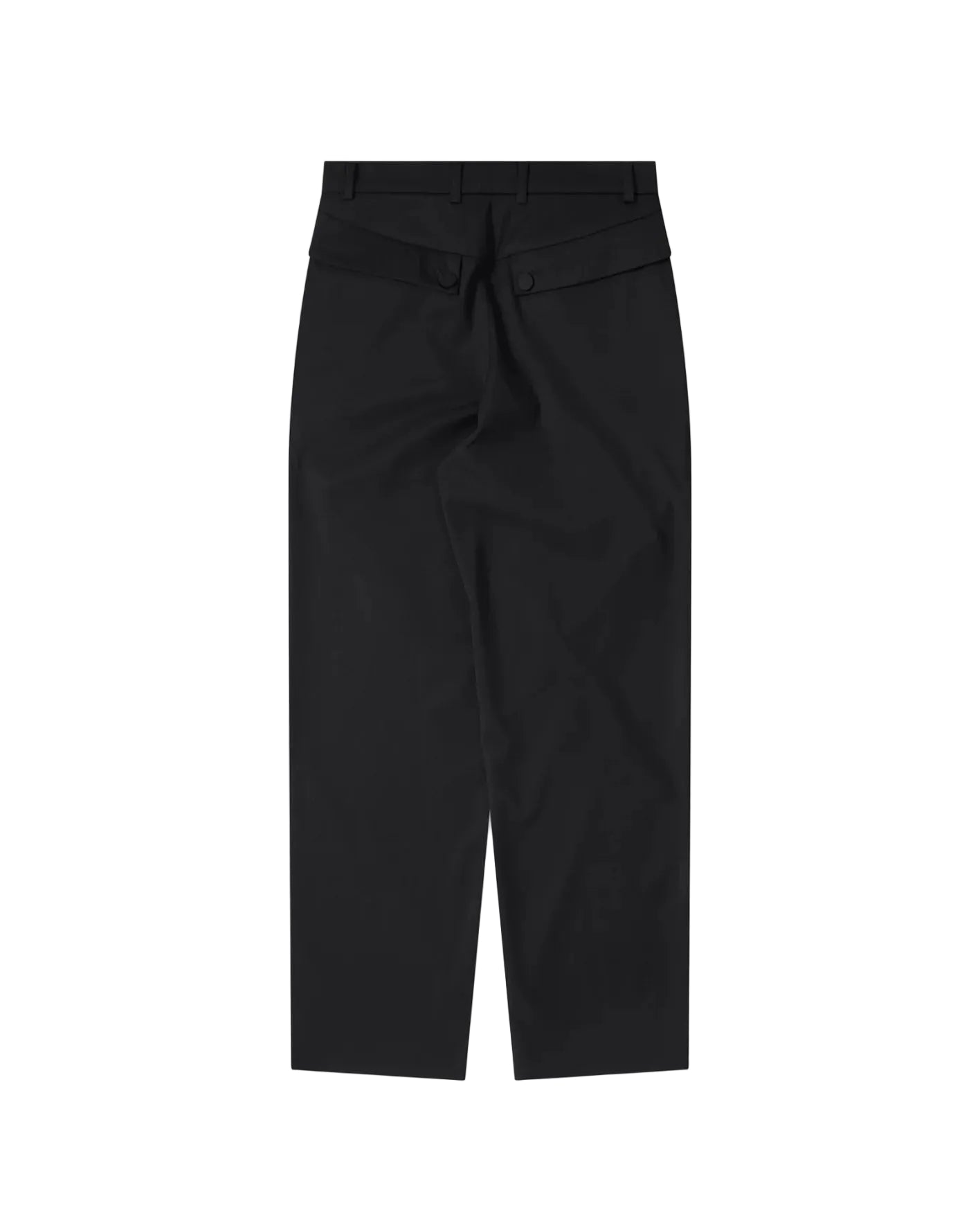 Kiko Kostadinov black trousers shown front view with tailored waistband, four-pocket construction, front pleats and clean regular fit