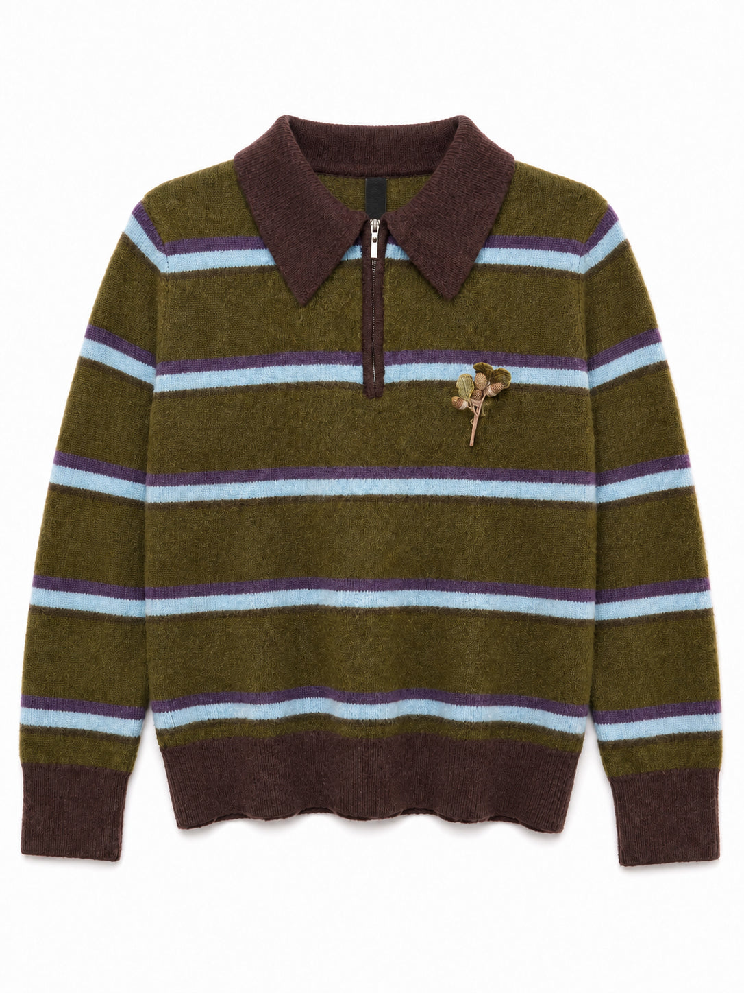 KA WA KEY Hand-Crocheted "Acorn" Oversized Stripe Polo in Vintage Avocado, oversized green striped wool knit polo with brown collar, half-zip neckline and crocheted acorn detail at chest