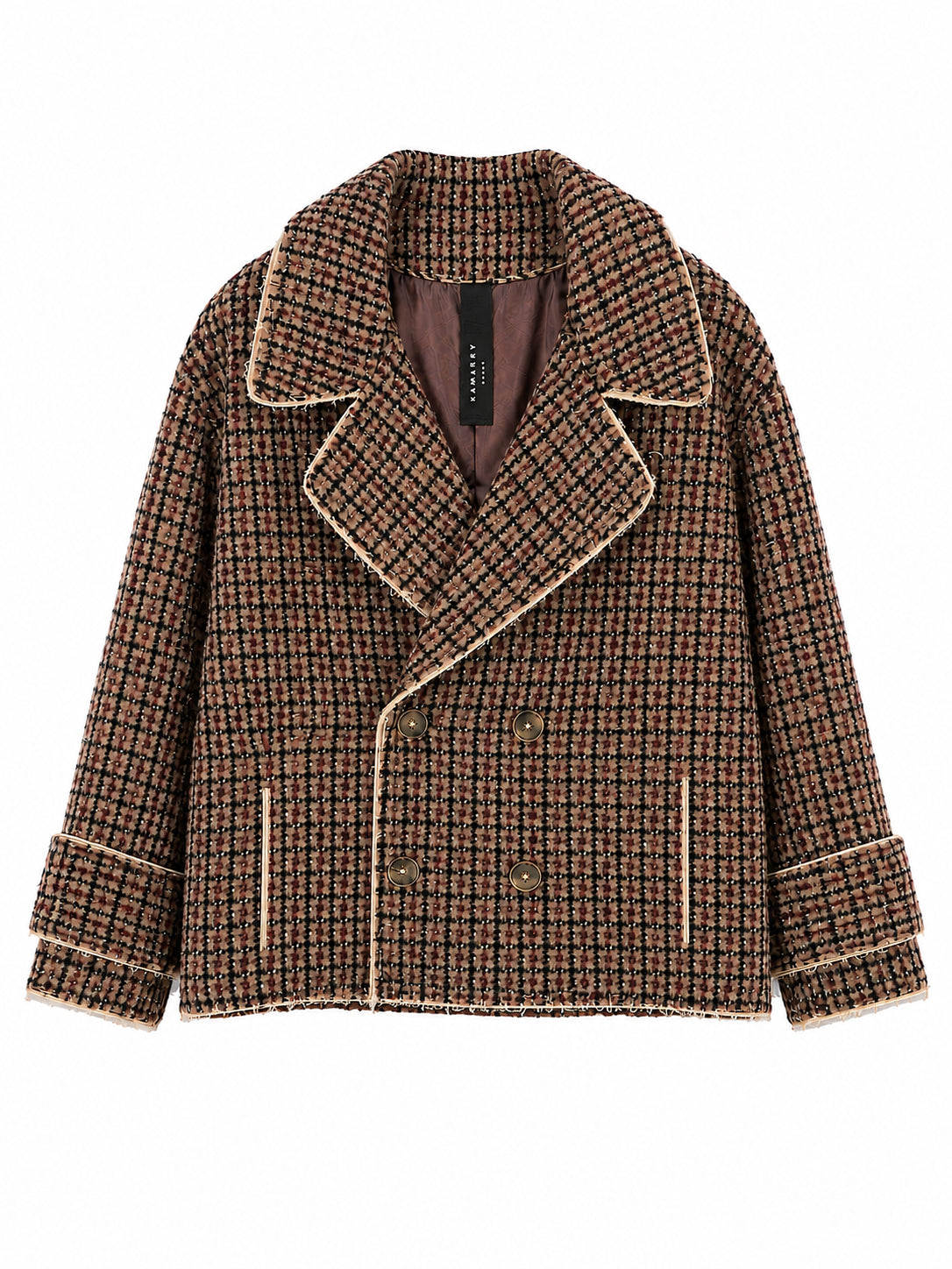 KAWAKEY Kimono-Inspired Peacoat in Teddy Club Check, cropped double-breasted wool-blend coat with contrast piping and oversized lapels