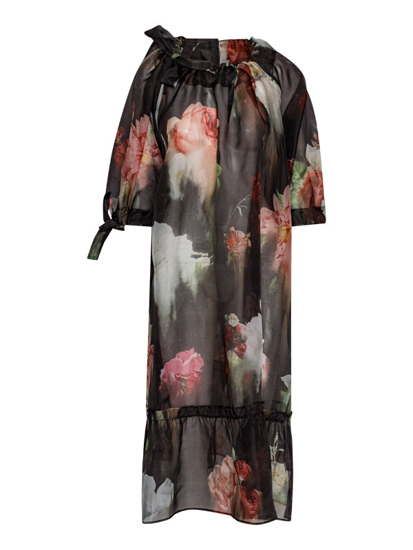 Ka Wa Key dress - Melting Floral Silk Organza Maxi Dress in Acid Black 