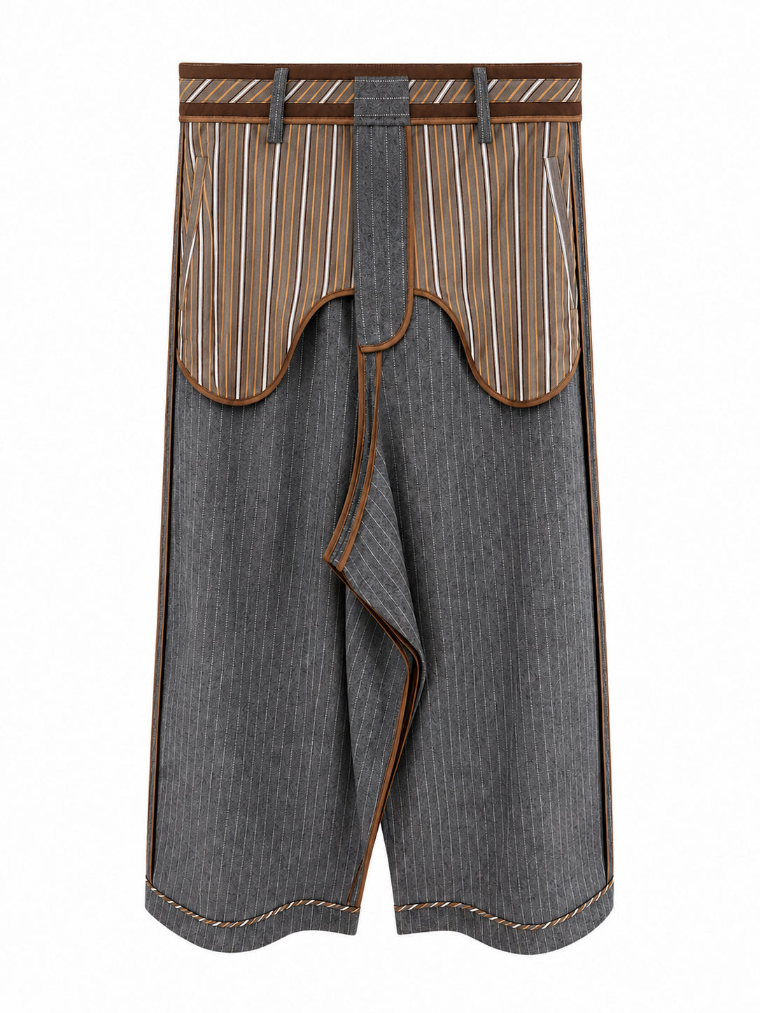 Ka Wa Key "Inside Out" Wide Leg Tailored Trousers in Charcoal Fog, grey striped wide-leg trousers with layered front panels and contrast brown binding
