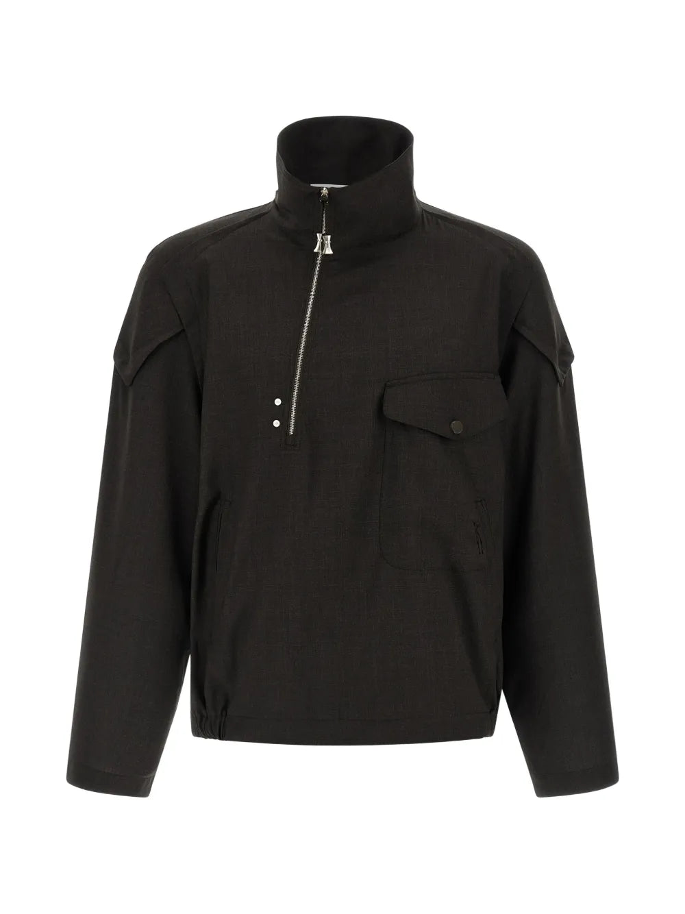Front view of a dark brown pullover with asymmetric zipper from Kiko Kostadinov on a white background