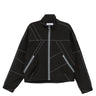 Dark brown jacket with white geometric contrast stitching from Kiko Kostadinov on a white background