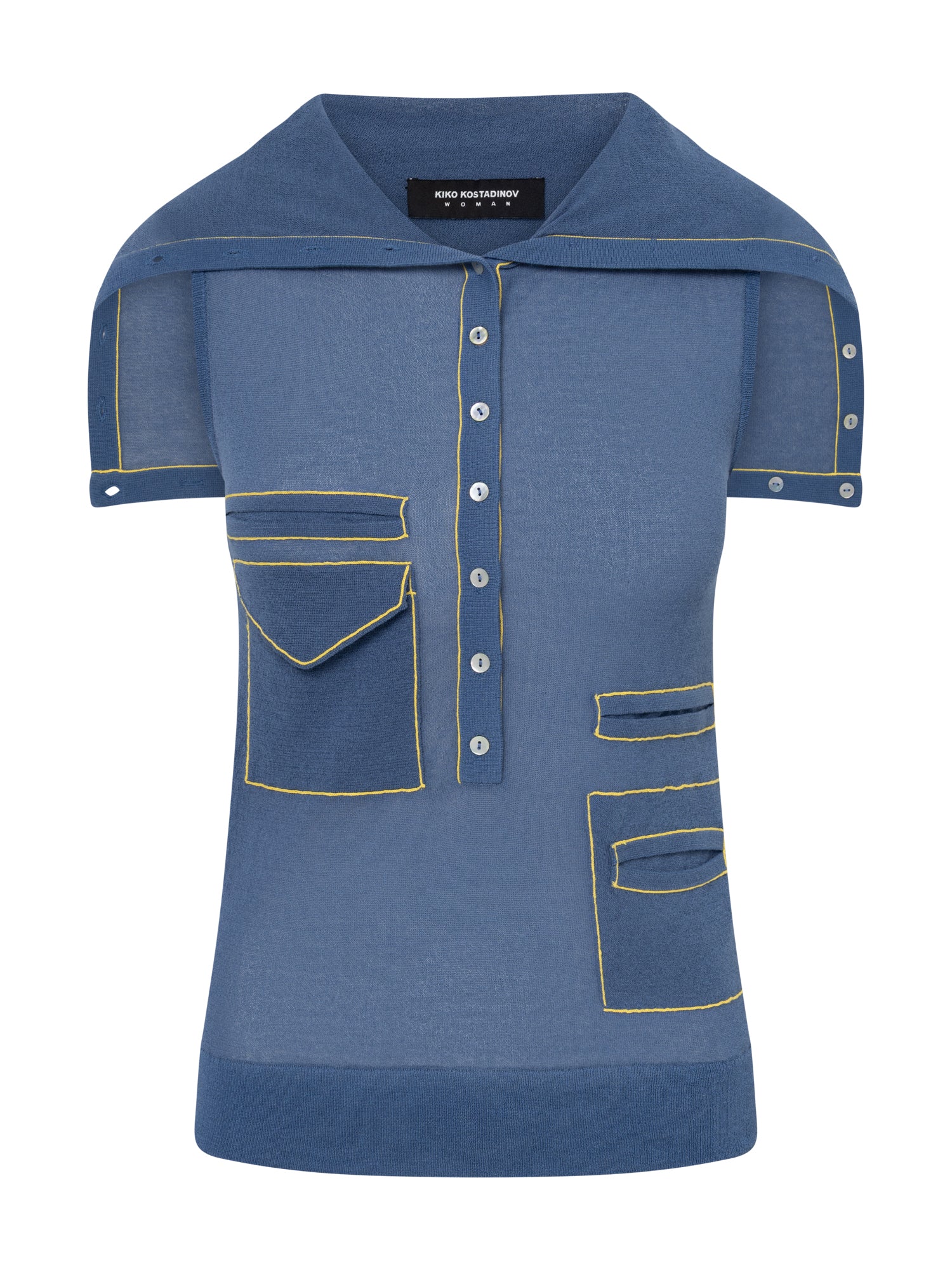 Kiko Kostadinov Woman Kreiner Knit Rollneck in denim blue, front flat lay showing short-sleeve knit top with wide folded collar, yellow contrast topstitching, asymmetric patch pockets, and centre-front mother-of-pearl button placket