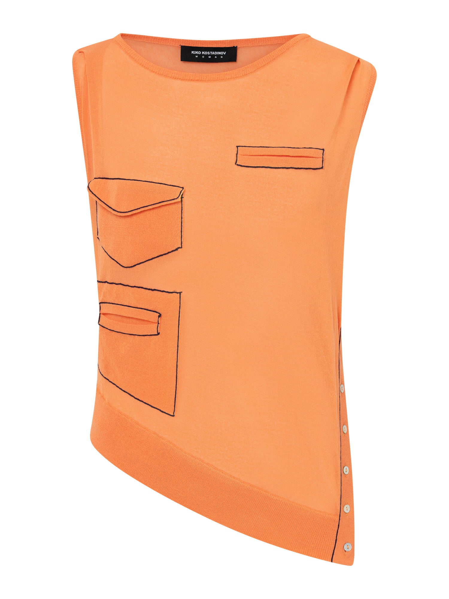 Kiko Kostadinov Kreiner Knit Top in salmon, front view, sleeveless fine knit with contrast black pocket detailing and asymmetric hem