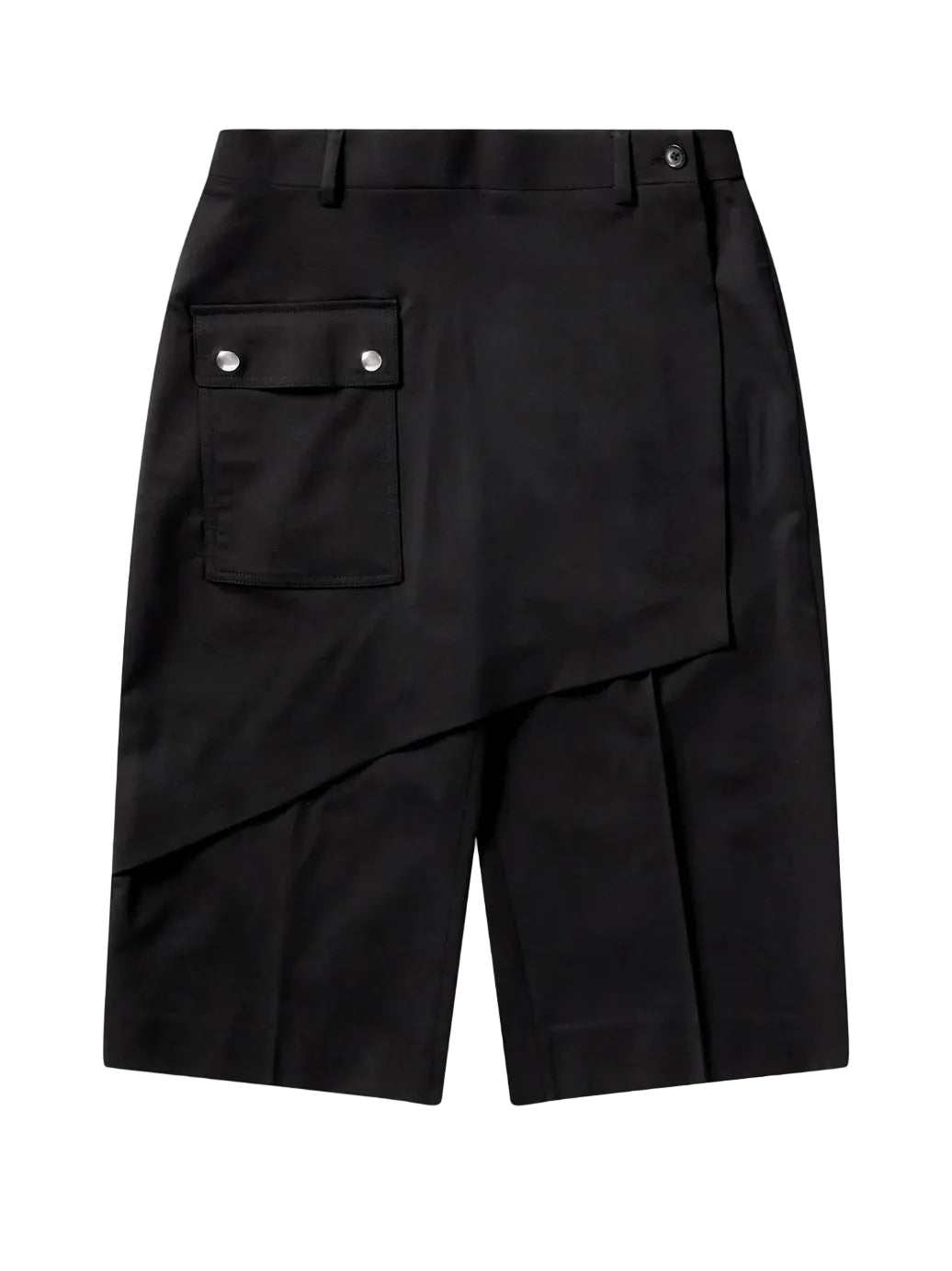 Kiko Kostadinov Woman Linnet Wrap Culottes in Crow Black, front view with half-wrap skirt and flap pocket