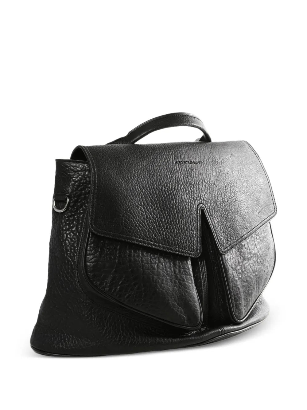 Side view of the black leather messenger bag from Kiko Kostadinov on a white background