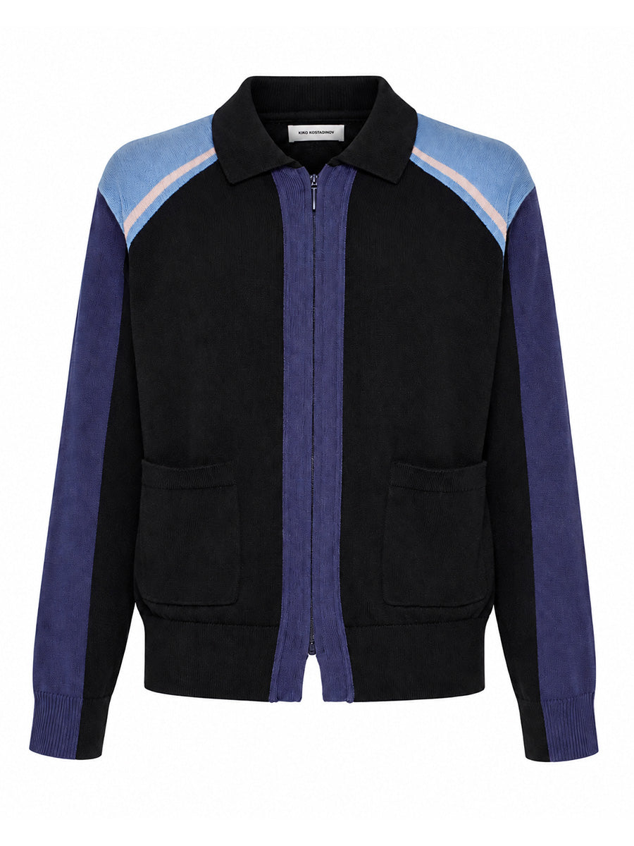 Kiko Kostadinov Munno Knit Cardigan in Phantom Black with blue colour-block sleeves, polo collar, two-way zip fastening and front patch pockets