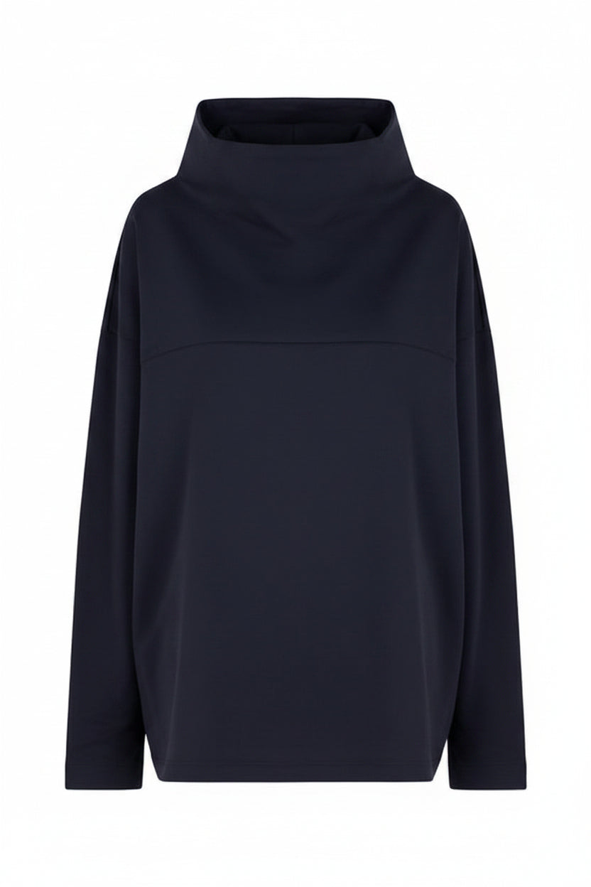 Kiko Kostadinov VELEKA Pullover in Charcoal organic cotton jersey with relaxed batwing fit, geometric cut lines and high structured neckline