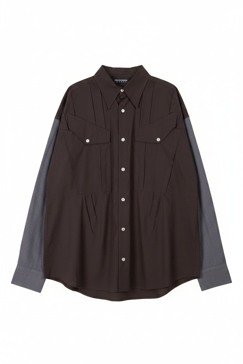 Kiko Kostadinov Woman Weka Shirt in Wood Brown Stripe, front view with contrast grey sleeves and buttoned chest pockets