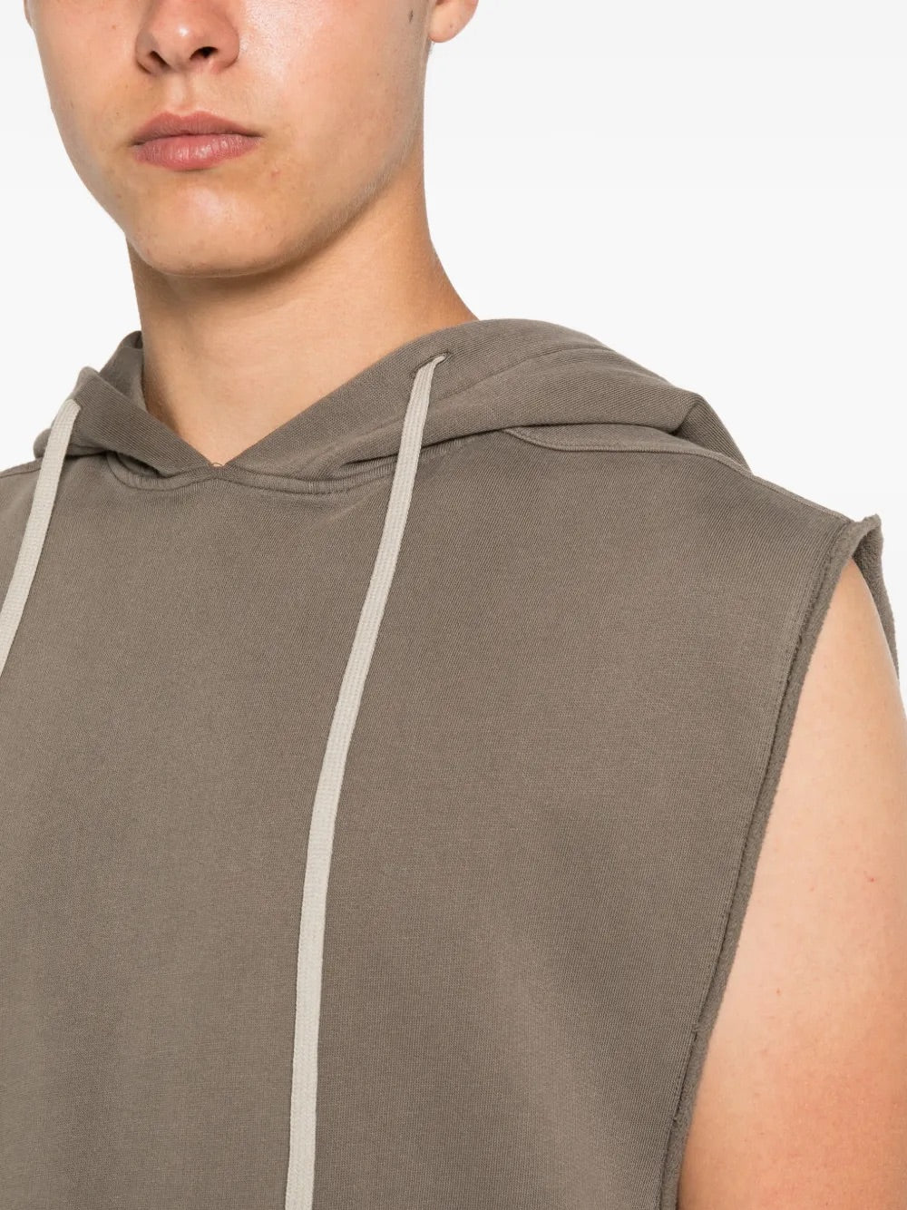 Rick Owens DRKSHDW Knit Sweat Top Hooded Tunic in Dust close-up of hood and drawstring detail