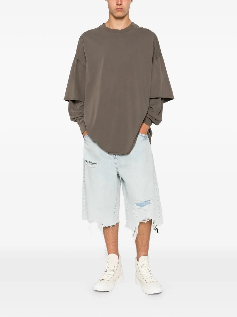 Rick Owens DRKSHDW Tommy Hustler Sweat T-Shirt in Dust worn front view

