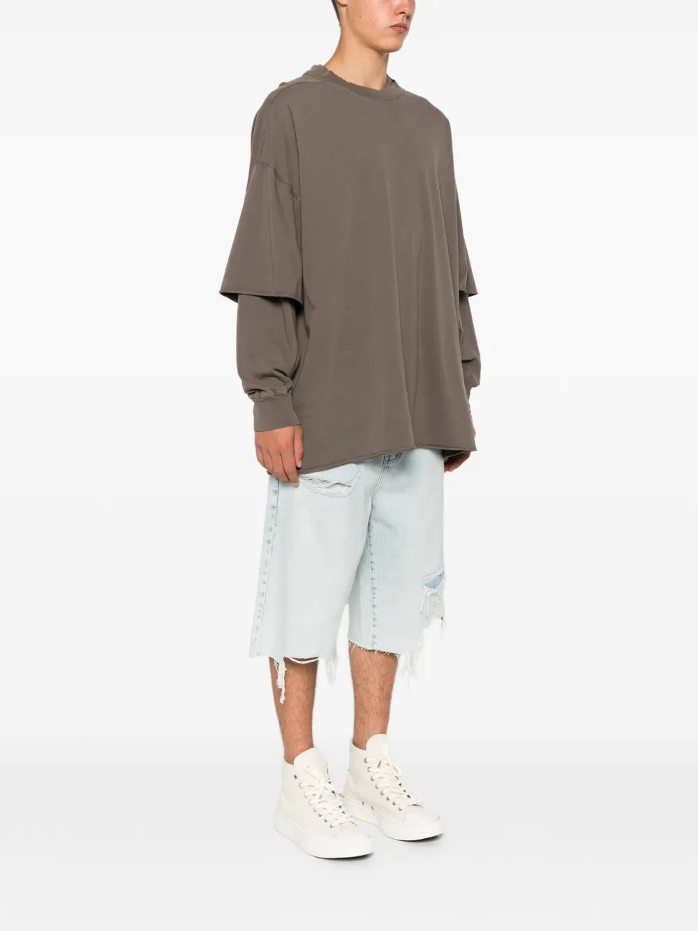 Rick Owens DRKSHDW Tommy Hustler Sweat T-Shirt in Dust worn side view

