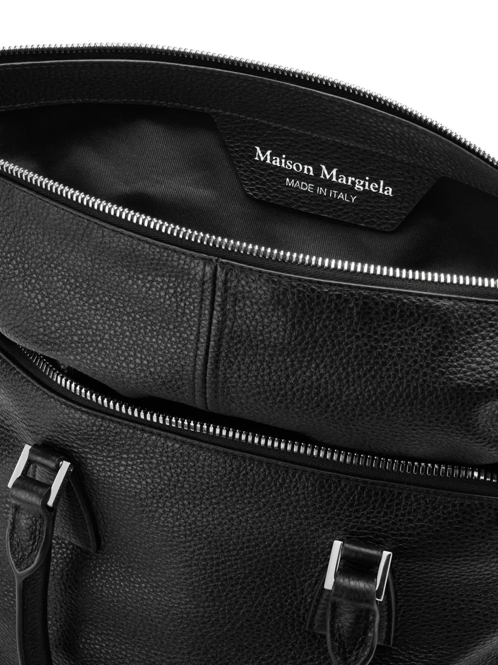 Maison Margiela 5AC Soft Medium in black, interior view, zip pocket and Maison Margiela Made in Italy label