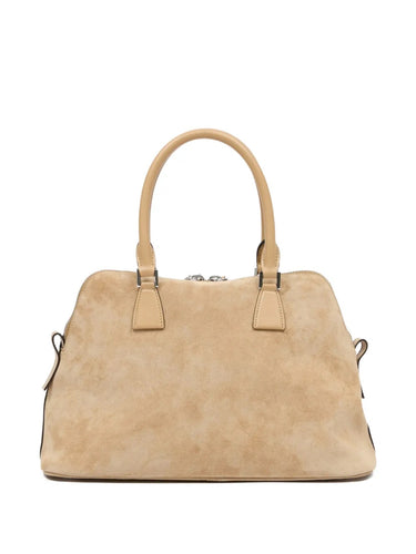 Back view of the camel suede 5AC Soft Medium bag, showing the smooth suede panel, structured shape, and clean back finish.