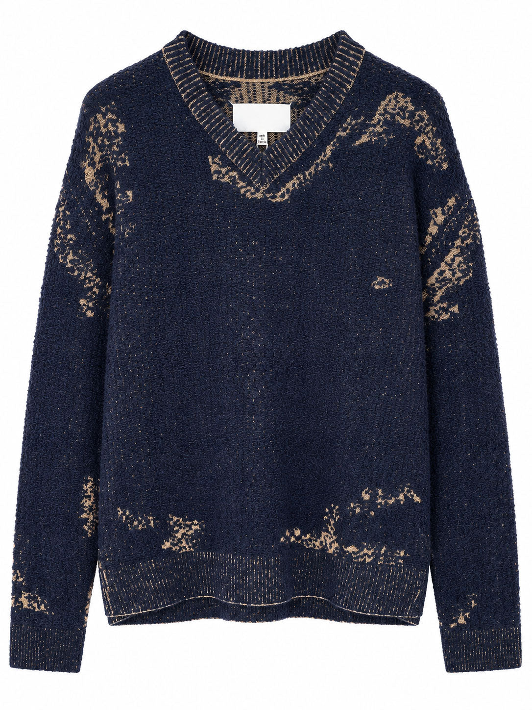 Maison Margiela Acid Knit Sweater in Navy Light Brown shown from the front, featuring a textured knit, V-neckline, long sleeves and irregular distressed contrast detailing.