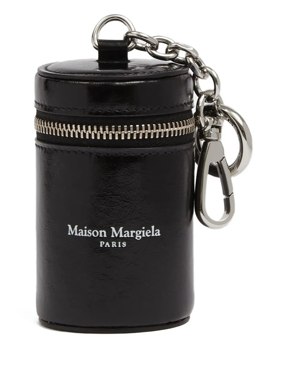 Front view of the Maison Margiela Dog Waste Bag Dispenser in black leather, featuring the white printed brand logo on the front.