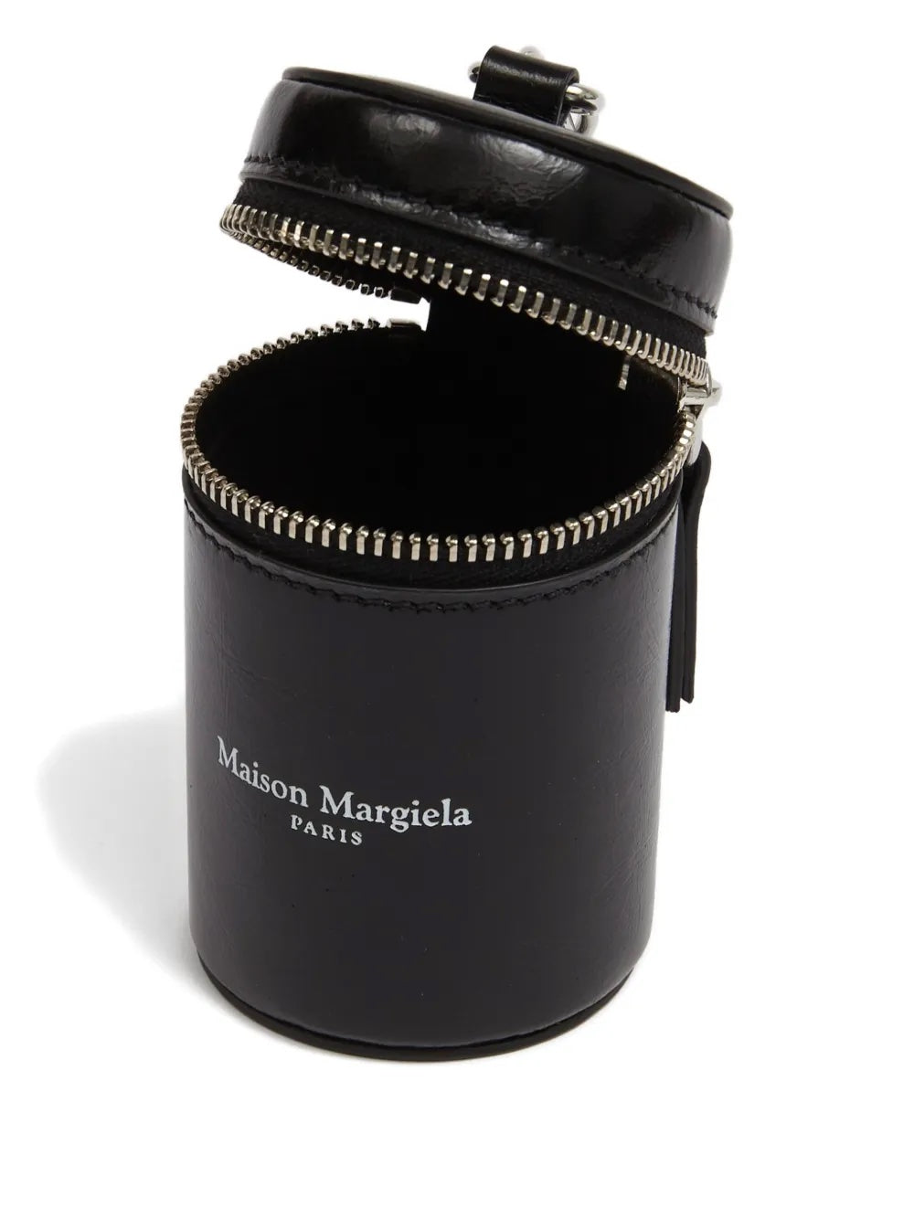 Top view of the Dog Waste Bag Dispenser with the zipper open, revealing the opening for waste bags and the silver-tone zipper hardware.