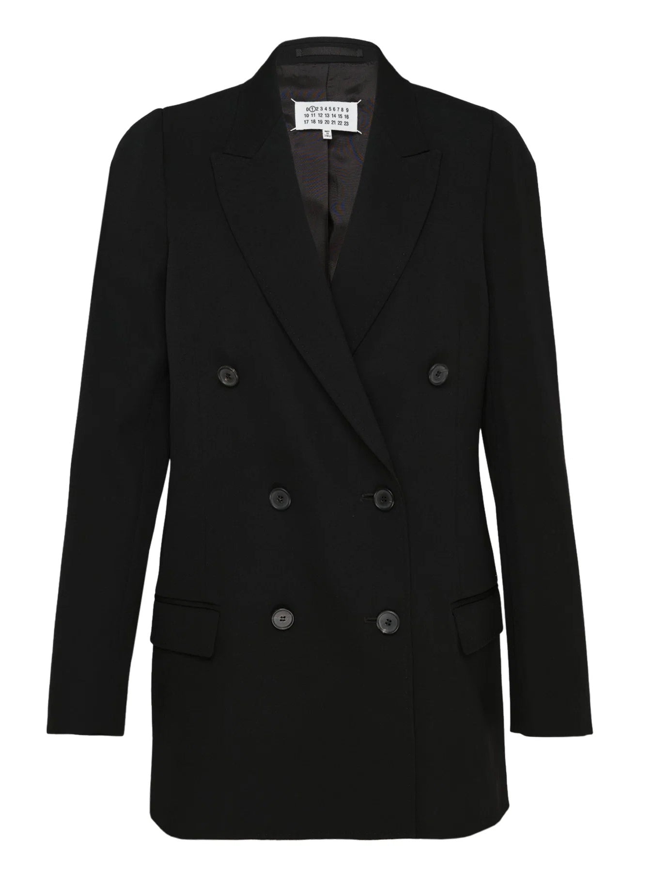 Maison Margiela Double Breasted Blazer in Black with peak lapels, six-button front fastening, flap pockets and a relaxed slightly oversized silhouette