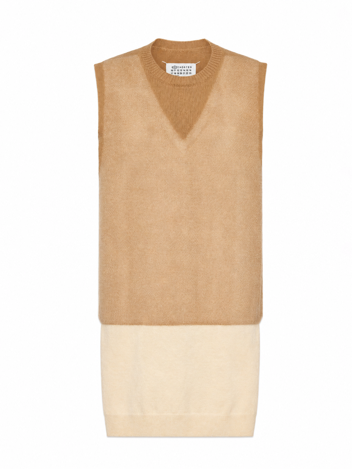 Maison Margiela Fuse Knit Top in camel and ecru virgin wool with sleeveless silhouette, crew neck and trompe l’oeil V-neck detail