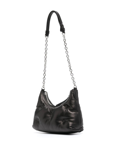 Back view of Glam Slam Hobo Micro in Black by Maison Margiela on a white background showing the padded construction and chain shoulder strap.