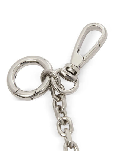 Detail close-up of the silver-tone hardware on the Maison Margiela Keyring Card, showing the metal keyring and clasp.