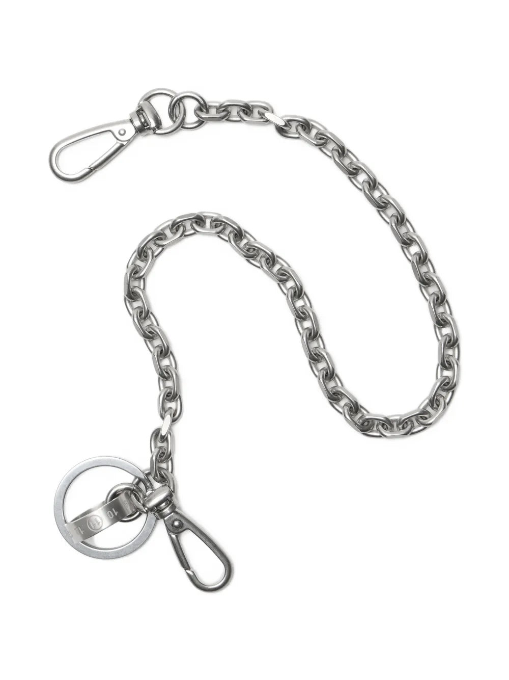 Maison Margiela Numeric Bag Chain in semi-matt palladium, full view showing oval link chain, two swivel clasps and numeric charm pendant