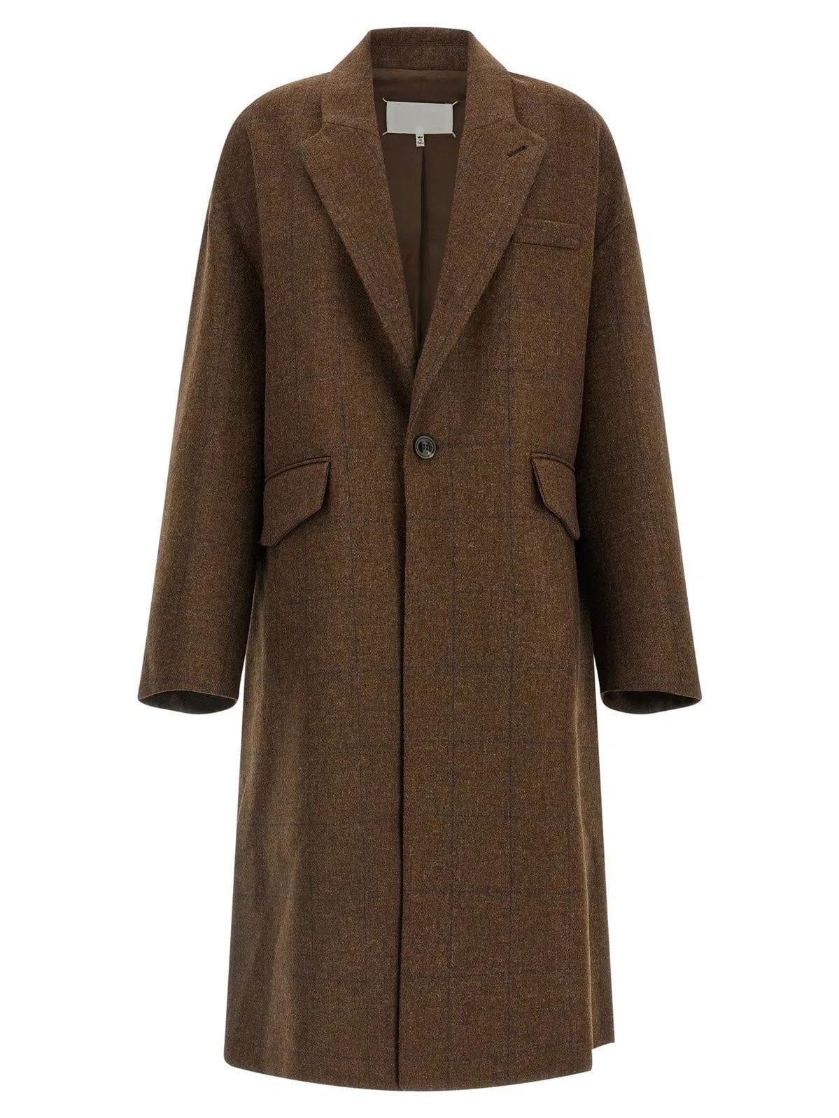Maison Margiela Oversized Cocooning Coat in Brown shown from the front, featuring a subtle check pattern, classic lapels, dropped shoulders and flap pockets.