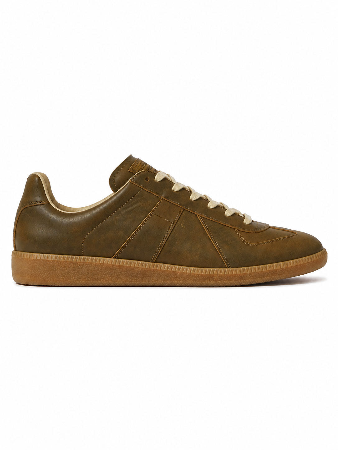 Maison Margiela Replica Sneakers in Bronze Brown shown from above, featuring layered leather panels, cream laces, numerical tongue labels and gum rubber soles.