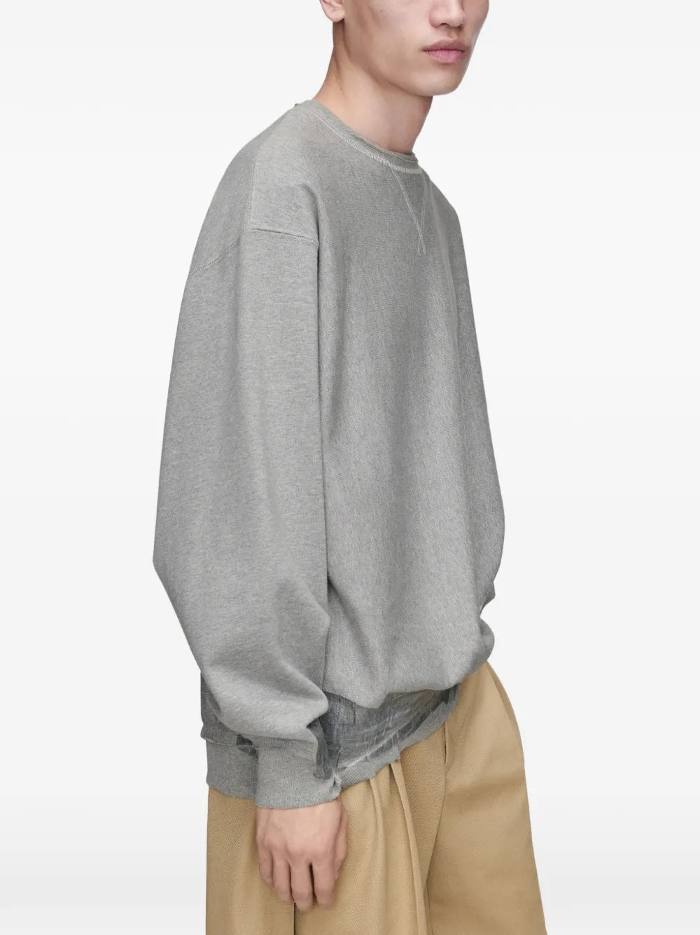 Maison Margiela Sweatshirt in grey melange, side view, oversized silhouette and crinkled hem detail