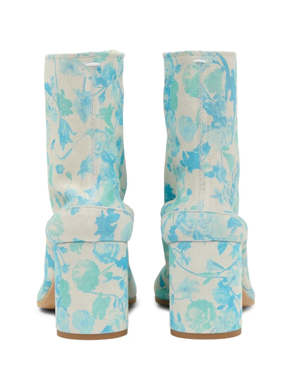 Maison Margiela Tabi Ankle Boot 80mm, rear view of both boots showing back seam, signature white stitch pin detail at counter, and floral-printed cylindrical heel