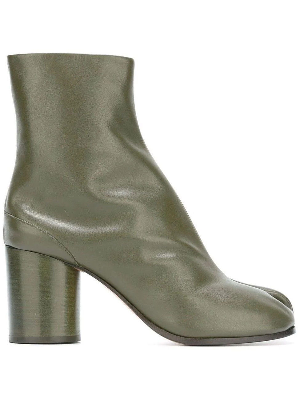 Maison Margiela Tabi Ankle Boots H60 in Forest Green shown from the side, featuring the signature split toe, smooth leather upper and cylindrical block heel.